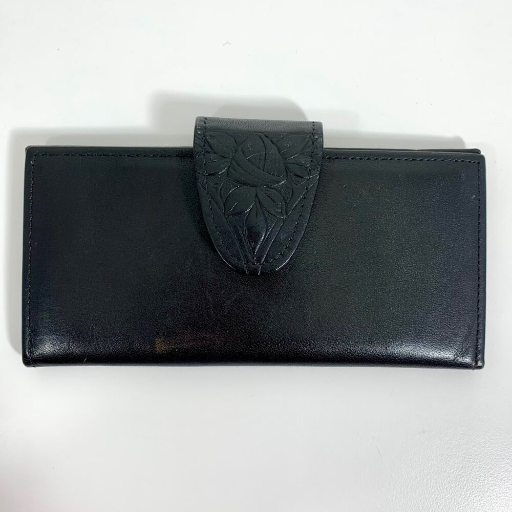 VTG Rolfs Black Cowhide Leather Wallet Floral Embossed Flap Multiple Card Slots